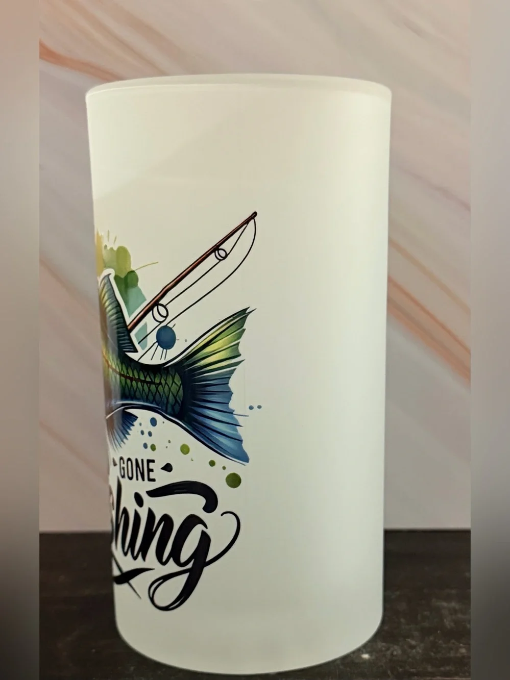 Frosted 16 oz Glass Beer Mug “Gone Fishing Weekend Hooker”  Bright Vivid Colors